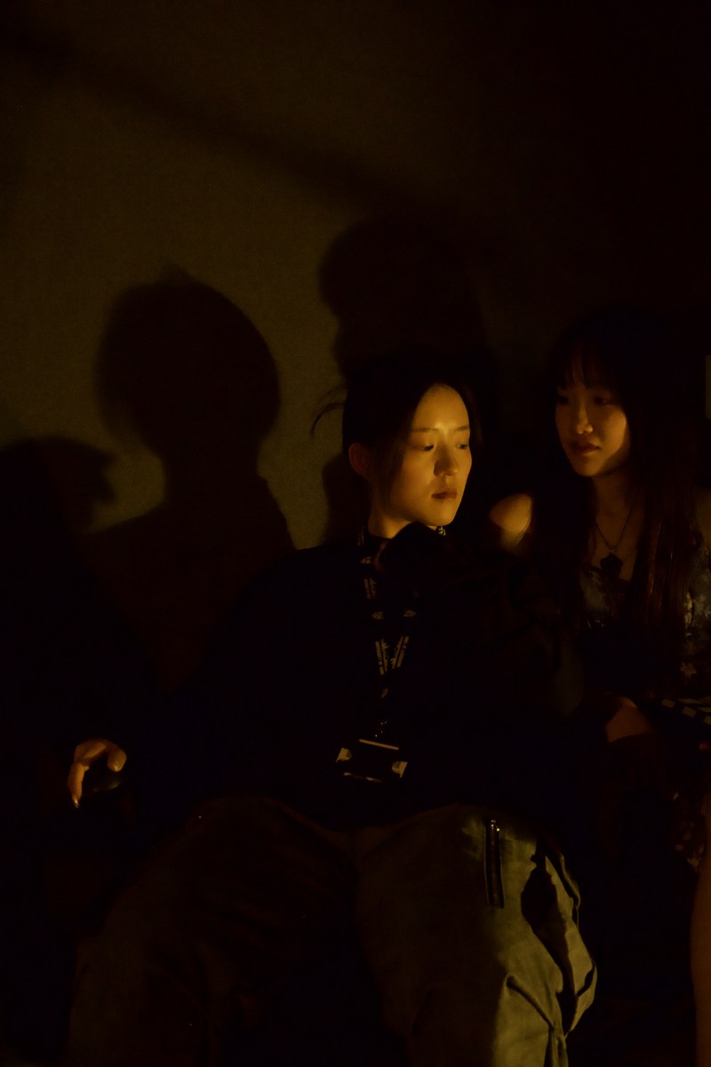 two seated women, shadows on the wall